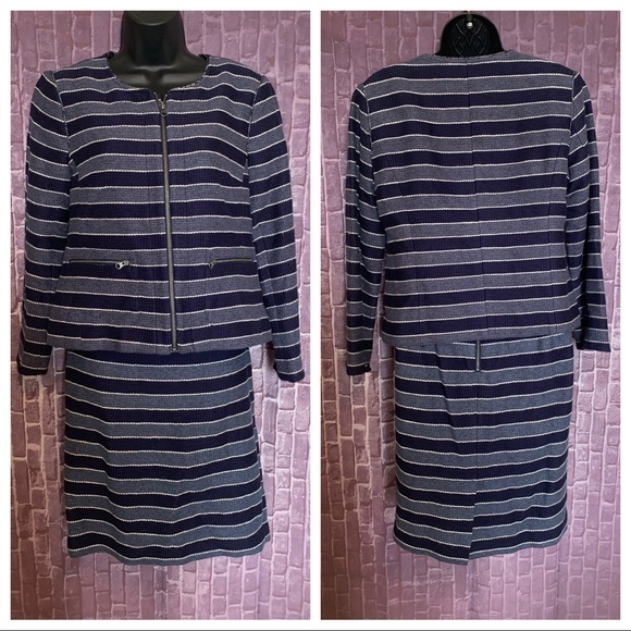 Navy Stripe Textured Jacket & Skirt Set - Picture 2 of 11